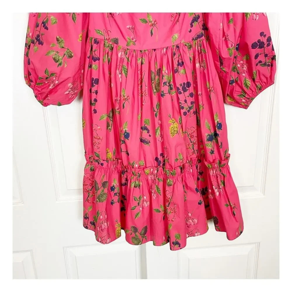 Cara Cara Sip Sip Floral Mini Dress Babydoll Puff Sleeve Cotton Resortwear Sz XS
